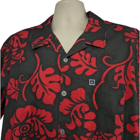 Quicksilver Mens Gray Red Floral Button Up Hawaiian Aloha Shirt XL Pocket New - Picture 4 of 8